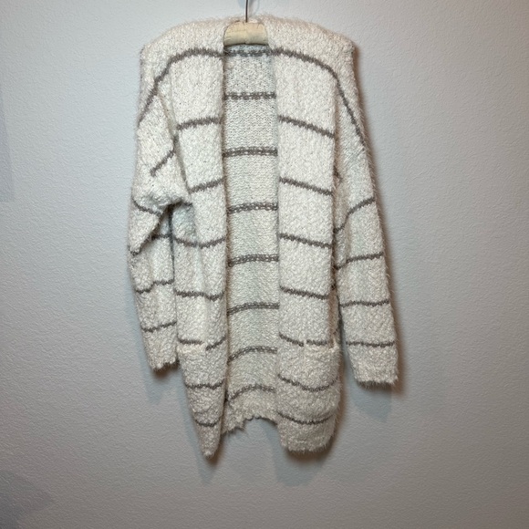Altar'd State Sweaters - Altar'd State Fuzzy Striped Cardigan - Cream and Gray super soft